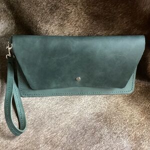 Beautiful Green Blue Thick Natural Raw Leather Wristlet/Clutch Pouch Carry All